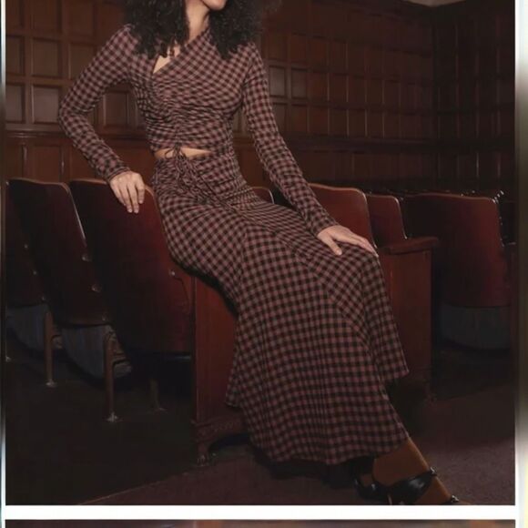A.L.C. Orly Ruched Checked Crepe Midi Skirt Blackbrandy Brown Size‎ 10 Women's - Picture 1 of 9